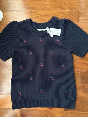 Lucky Brand puff sleeve cherry print short sleeve sweater top size medium